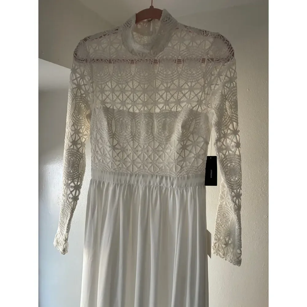 Lulus White/Off-White Lace Maxi Bridal Wedding Dress High Neck Long Sleeve Small - Picture 1 of 14